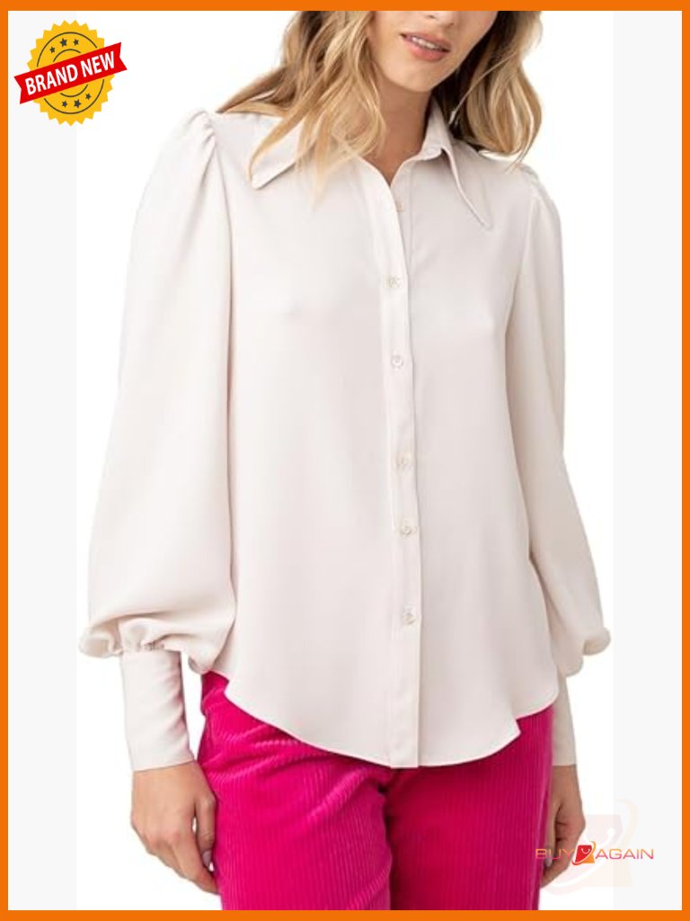 Long Sleeve Button Down Blouse With Puff Shoulders Relaxed Fit